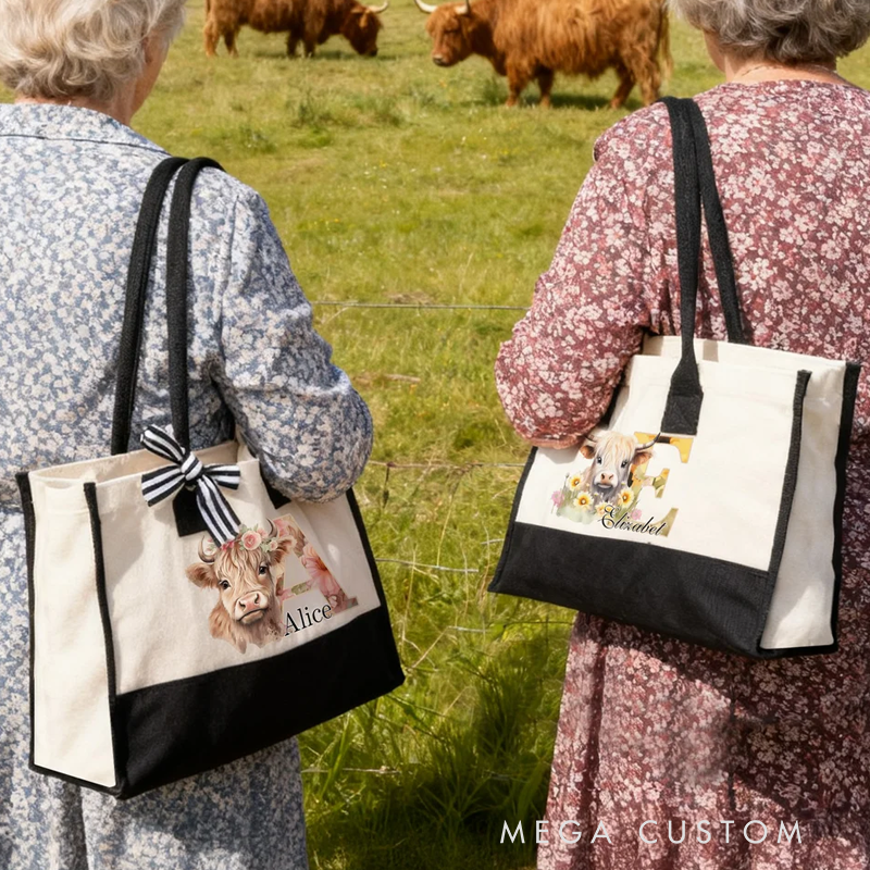 Personalized Flower Highland Cow Canvas Tote Bag with Name Birthday Christmas Gift 