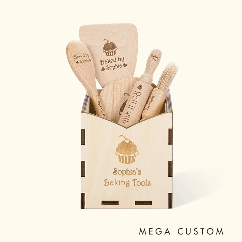 Personalized Wood Cooking Baking Tools with Name Set of 6 Kitchen Birthday Christmas Gift for Kids