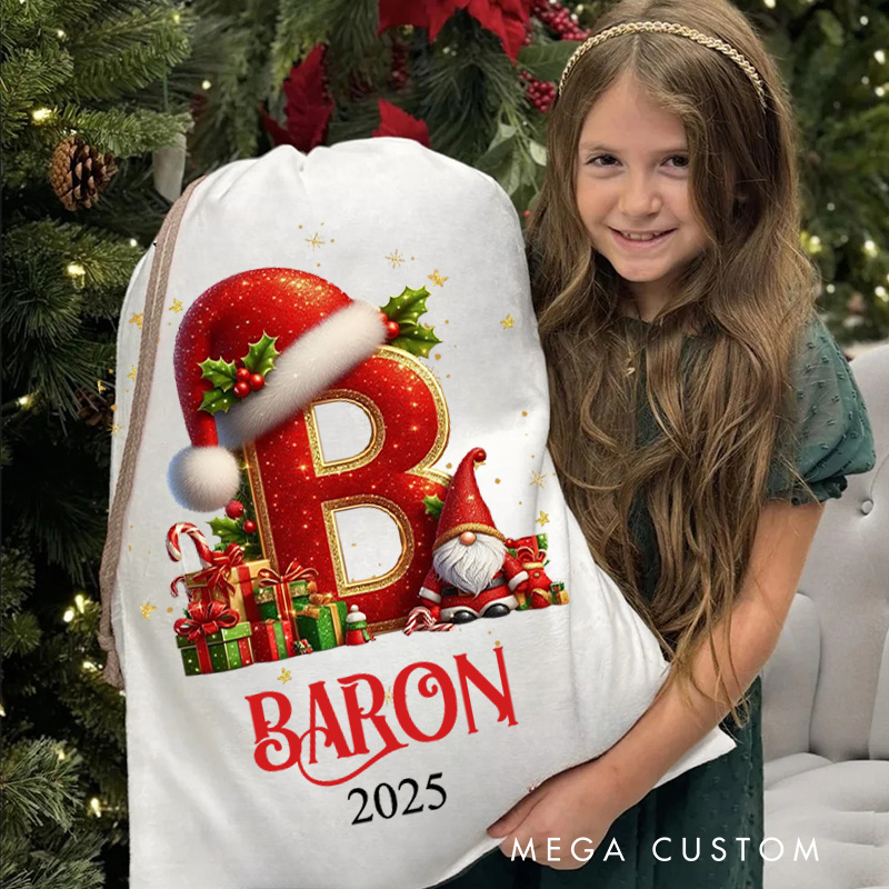 Personalized Festive Initial Christmas Bag with Santa Hat and Custom Name for Joyful Holiday Gift Giving Christmas Bag
