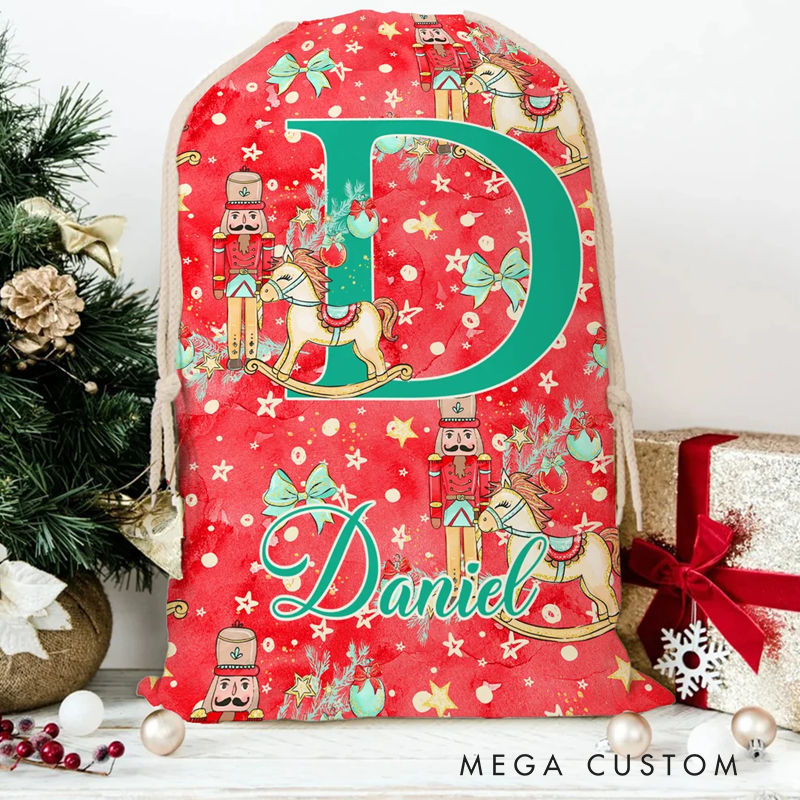 Personalized Christmas Tree Cartoon Nutcracker Canvas Drawstring Gift Bag with Name and Initial Christmas Gift 