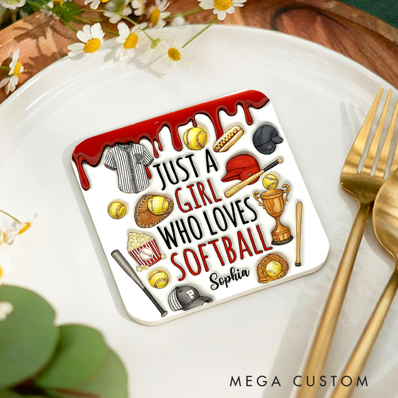 Personalized Softball Coaster with "Just a Girl Who Loves Softball" Design  and Custom Name