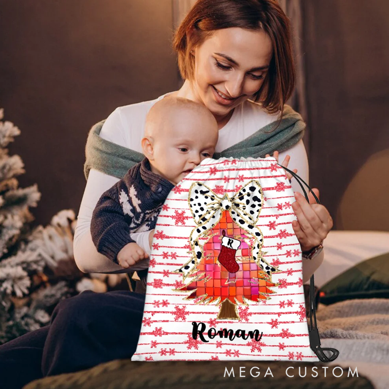 Personalized Coquette Bow Faux Glitter Christmas Tree Double-sided Printed Drawstring Gift Bag with Initial and Name Christmas Gift