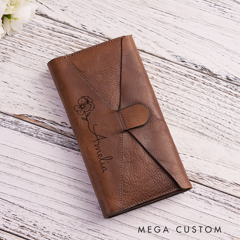 Personalized Leather Wallet For Her Birth Flower Wallet with Name Engraved W