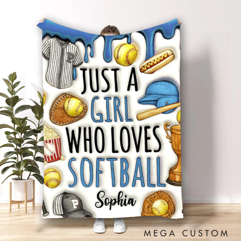 Personalized Softball Blanket with "Just a Girl Who Loves Softball" Design and Custom Name