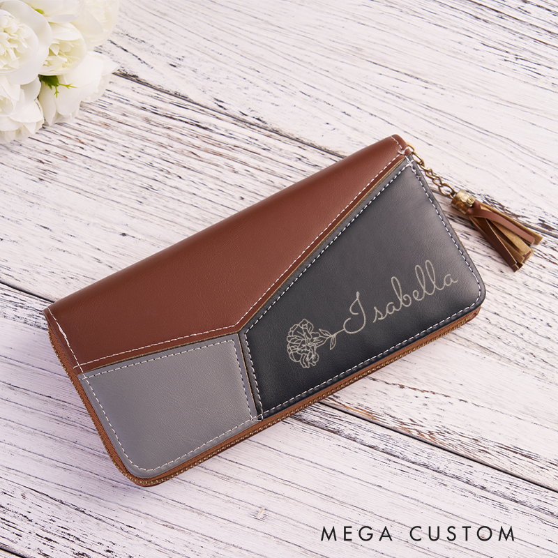 Personalized Leather Wallet for Women Engraved Birth Flower Wallet Women Slim Wallet With Tassel Clutch Purse Unique Gift for Her Birthday Gifts for Women