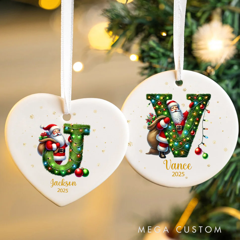 Personalized Santa Claus Woodland Initial Round Ceramic Ornament