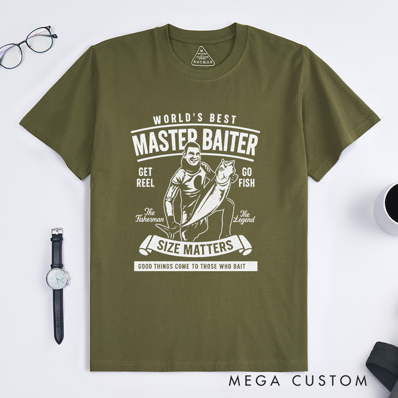 Funny Fishing T-Shirt World's Best Master Baiter Design Custom Photo T-Shirt Perfect Gift for Fishermen Humor Lovers and Outdoor Enthusiasts