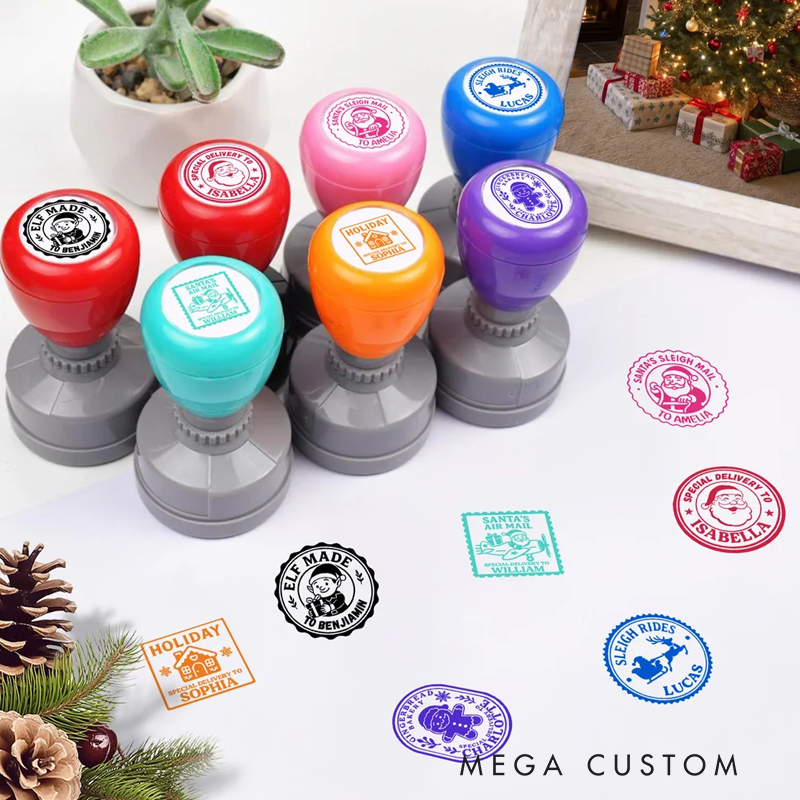 Personalized Cute Santa Claus Gingerbread Man Christmas Theme Stamp with Name and Ink Gift Tag Decor Christmas Party Favors for Kids Family Friends