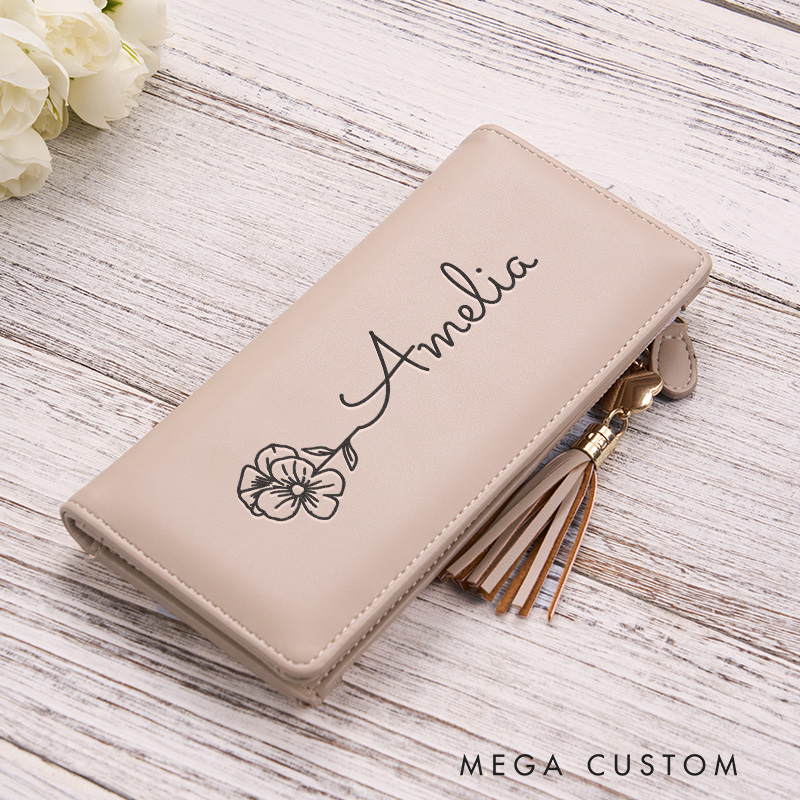 Personalized Leather Wallet for Women Birth Flower Leather Wallet Engraved Leather Wallet with Name Women Slim Wallet Clutch Purse Unique Gift for Her Birthday Gifts