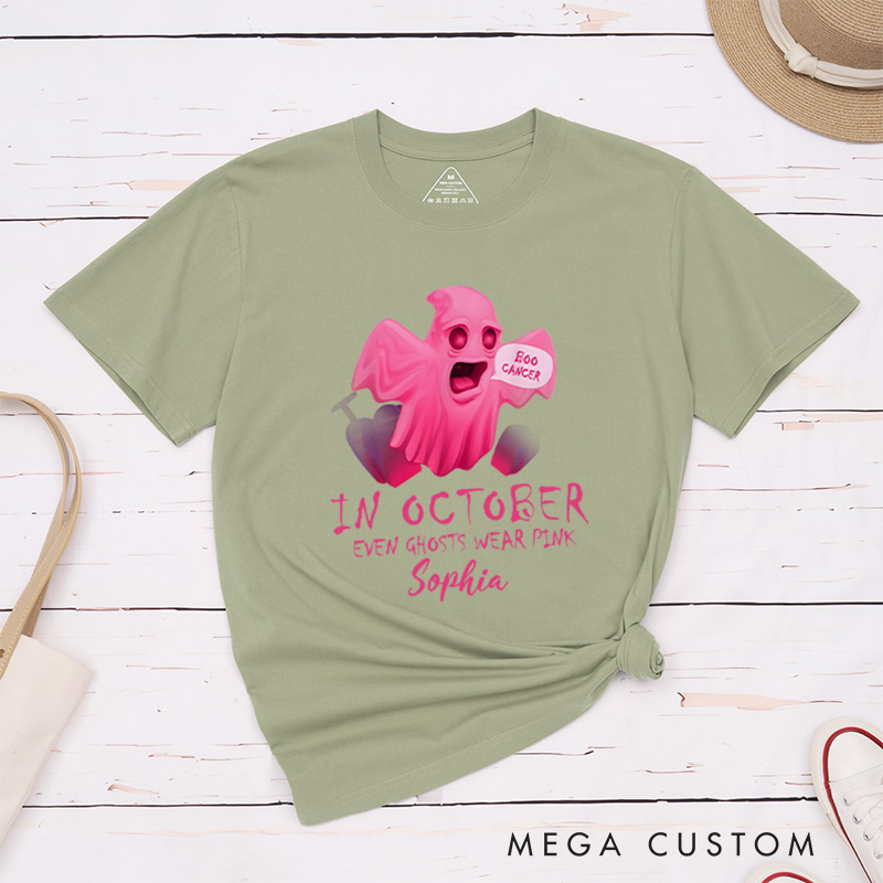 Personalized Breast Cancer Awareness T-Shirt in October Even Ghosts Wear Pink Cancer Support Gift Halloween Gift