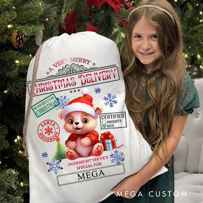 Personalized Teddy Bear Express Delivery Christmas Bag with Festive Stamps and Name for a Joyful Holiday Gift