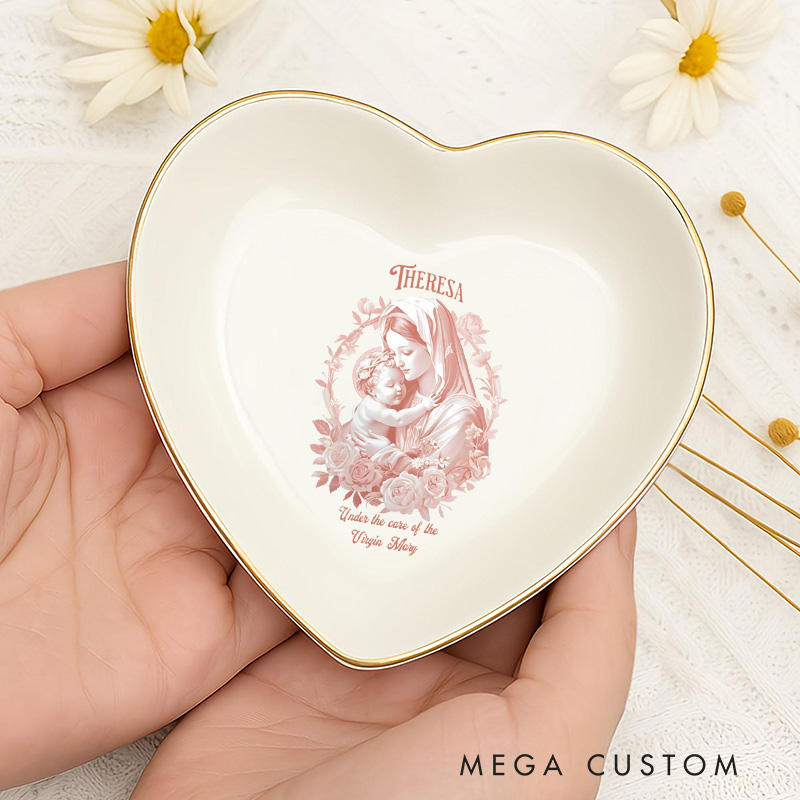 Personalised Virgin Mary Ceramic Jewelry Dish with Name Catholic Religious Gift Birthday Gift for Women and Girls 