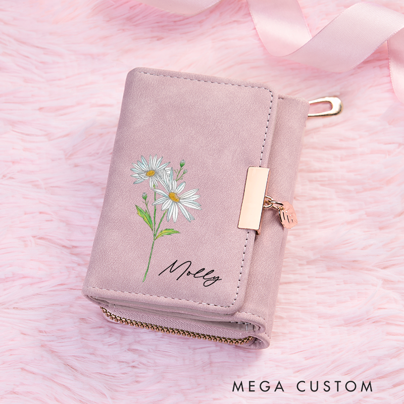 Personalized Leather Wallet for Girl Birth Flower Wallet for Her Trifold Wallet Purse Wallet Cute wallet Unique Gift for Her Birthday Gifts