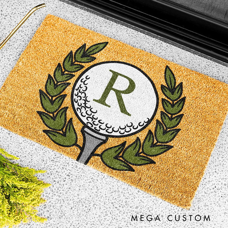 Personalized Golf Themed Welcome Mat Featuring Custom Initial  