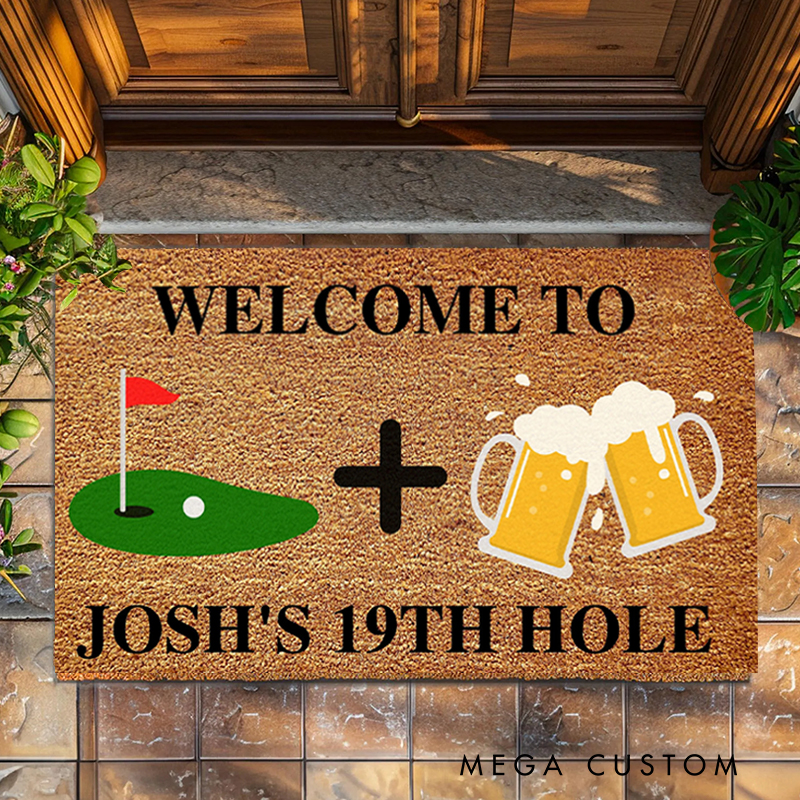 Personalized "Welcome to the 19th Hole" Doormat with Golf and Beer Theme  