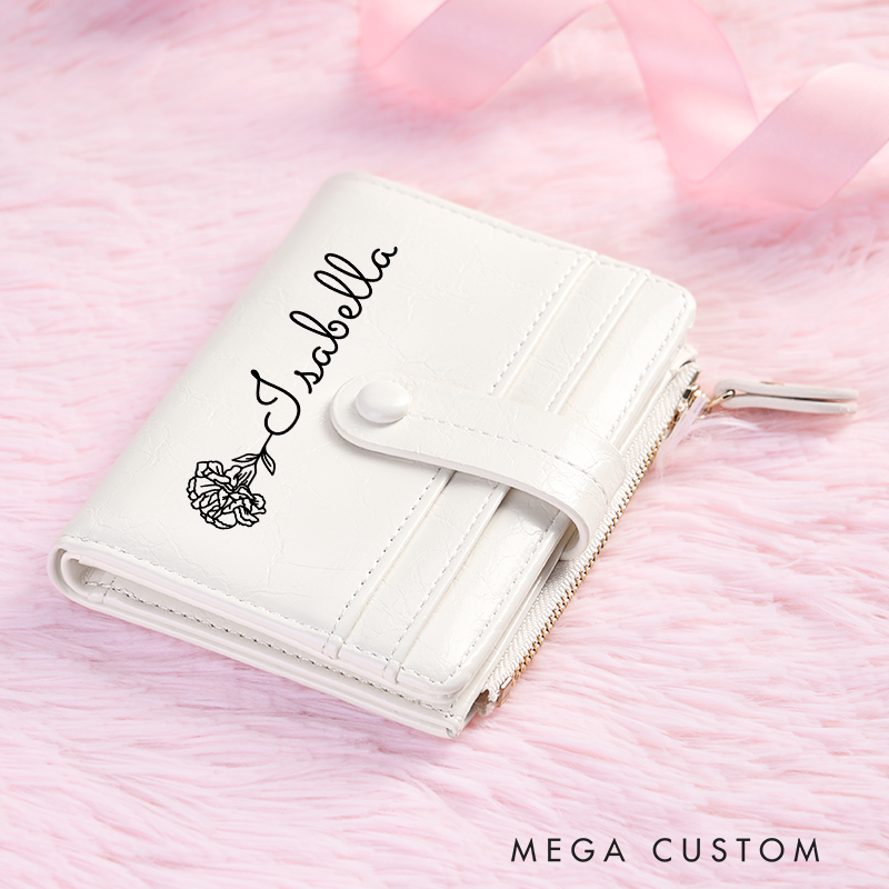 Personalized Leather Wallet for Girl Birth Flower Wallet for Her Purse Wallet Minimalist Wallet Cute wallet Unique Gift for Her Birthday Gifts