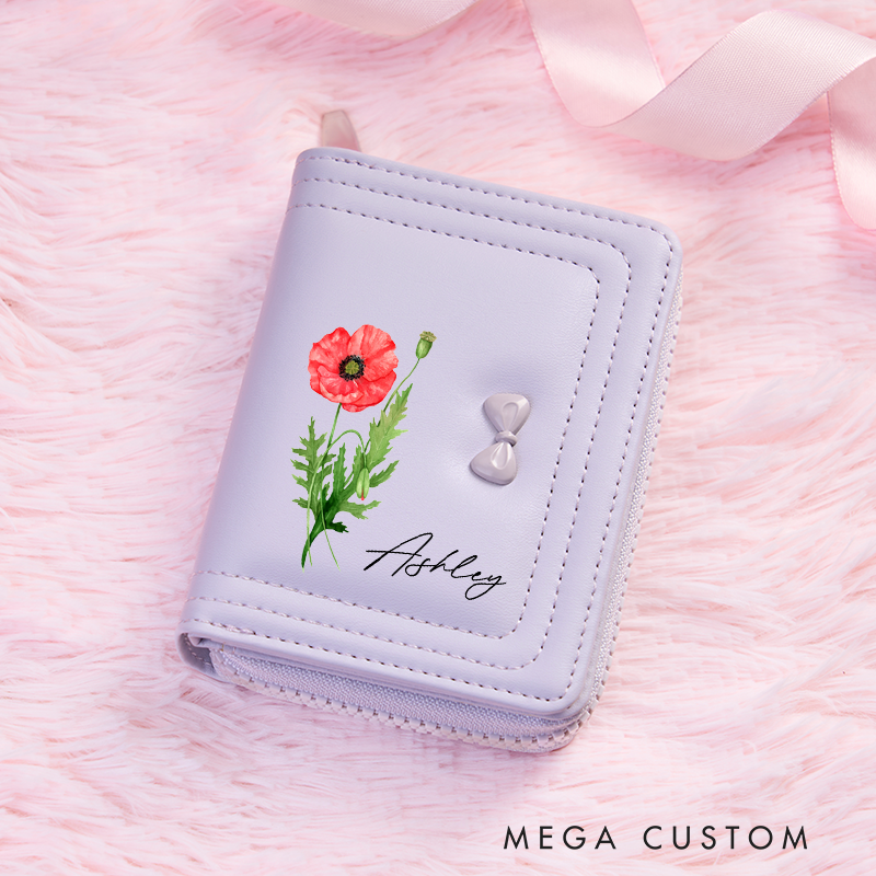 Personalized Leather Wristlet Wallet for Girl Birth Flower Wallet for Her Bow wallet Purse Wallet Cute wallet Women's Purse Unique Gift for Her Birthday Gifts
