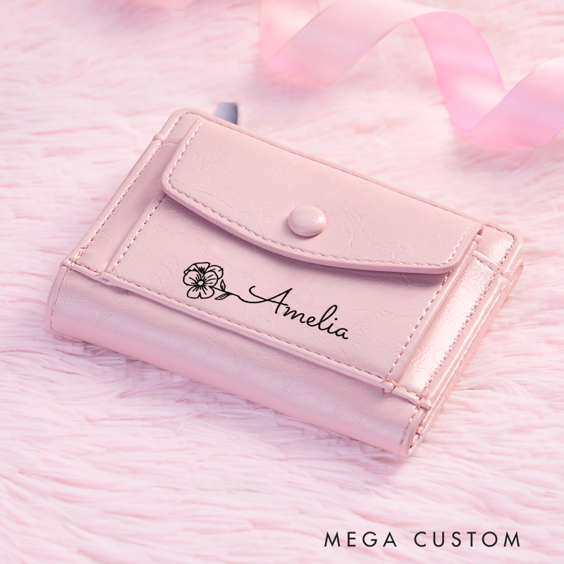 Personalized Leather Wallet for Girl Birth Flower Wallet for Her Zipper Wallet Purse Wallet Cute wallet Women's Purse Unique Gift for Her Birthday Gifts