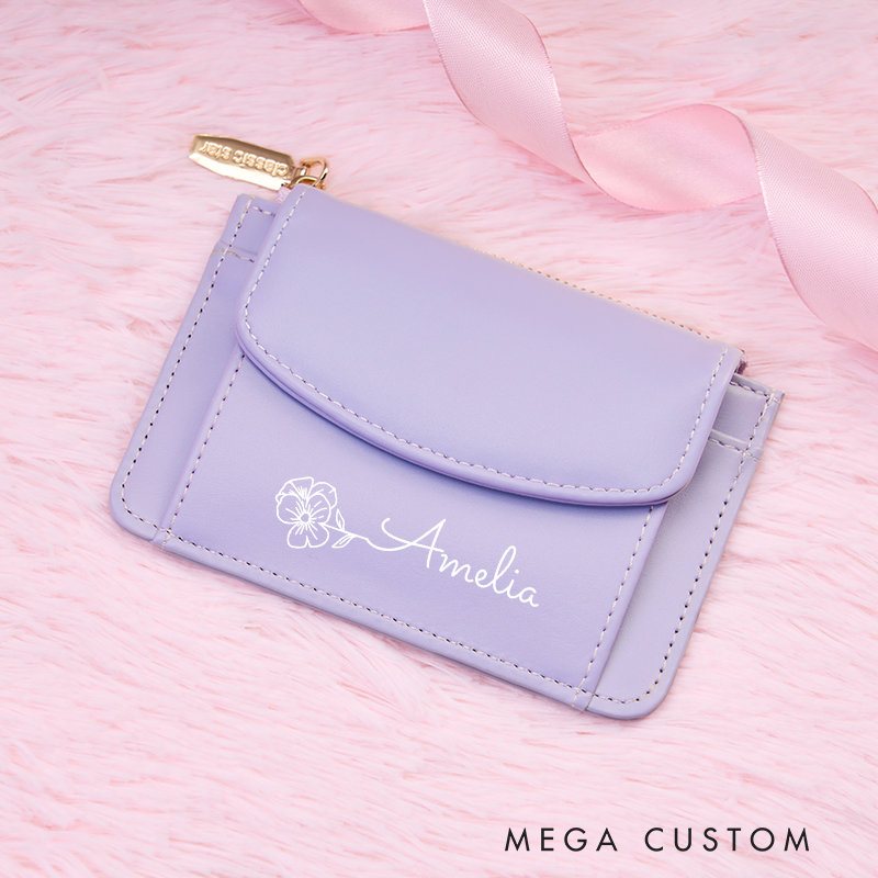 Personalized Leather Wallet for Girl Birth Flower Wallet for Her Zipper Wallet Purse Wallet Credit Card wallet Cute wallet Women's Purse Unique Gift for Her Birthday Gifts