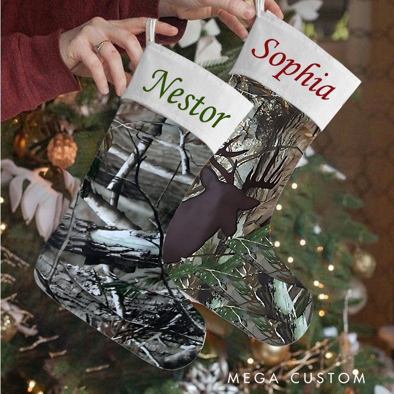 Personalized Camo Christmas Stockings Buck Brown Hunting Outdoors Woodland Deer Camoflauge Christmas Stocking Christmas Gift for Hunting Lover