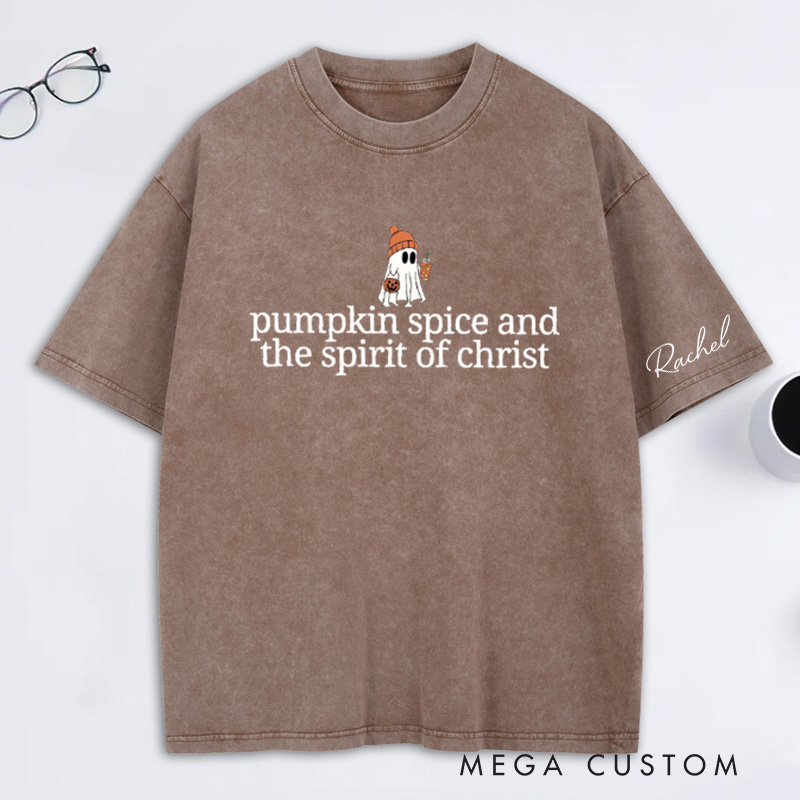 Personalized Cute Ghost Pumpkin Spice Washed T-Shirt with Name Halloween Gift Religious Gift for Christians
