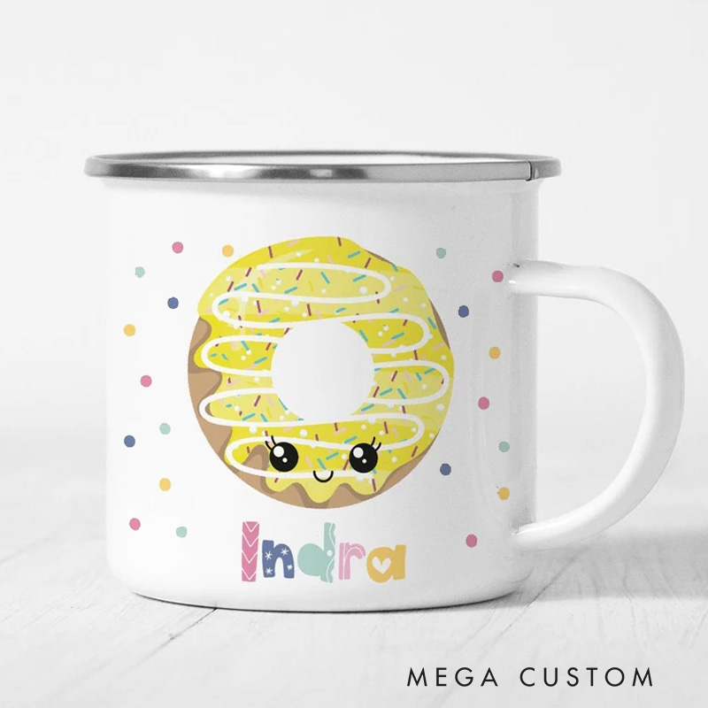 Personalized Donut Mug Kids Mug with Name Polka Dot Donut Enamel Mug for Baker Birthday Party Donut Party Favors