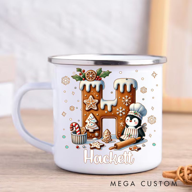 Personalized Cute Penguin Cookie Initial Kids Mug with Name 12 oz Enamel Mug for Kids Christmas Birthday Gift for Boys Girls