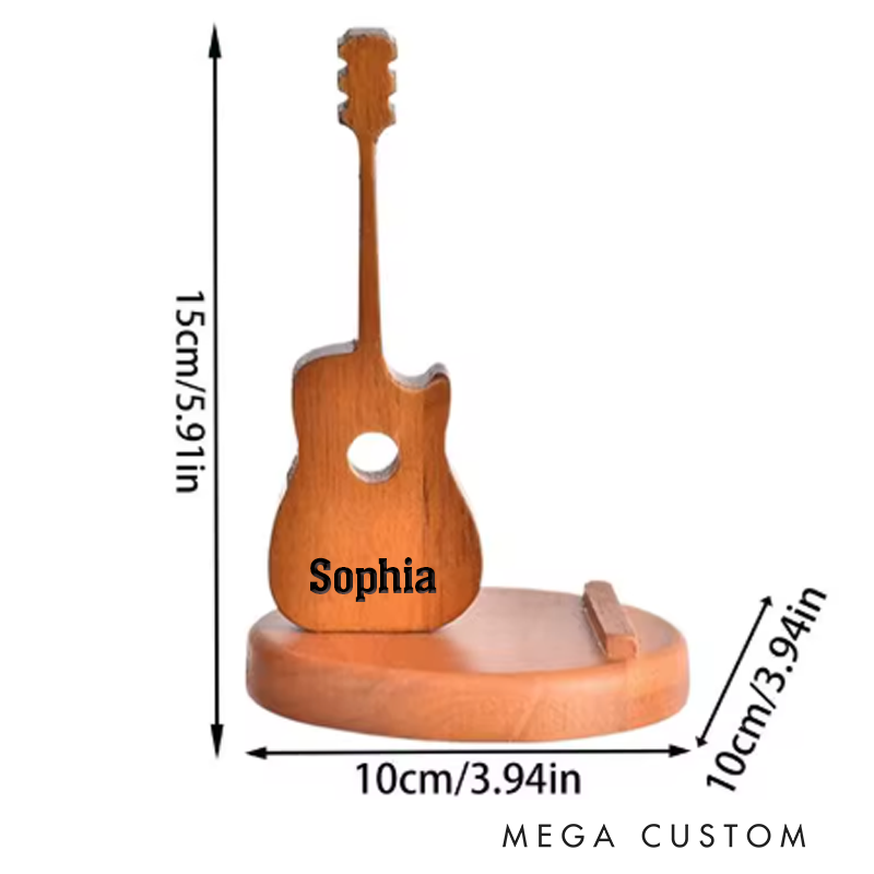 Personalized Retro Wooden Guitar Shaped Phone Stand Guitar Pick Storage Case with Engraved Name Birthday Gift for Guitar Players Music Lovers