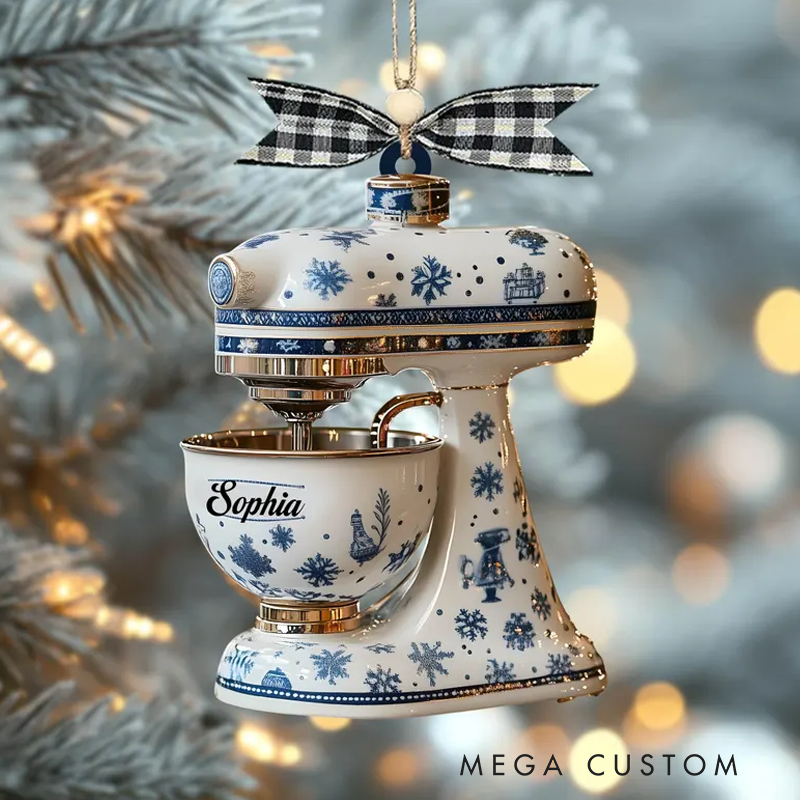Personalized Name Kitchen Mixer Acrylic Ornament Holiday Baking Christmas Tree Decoration 2025 Blue Snowflake Stand Mixer Cute Baker Xmas Gift