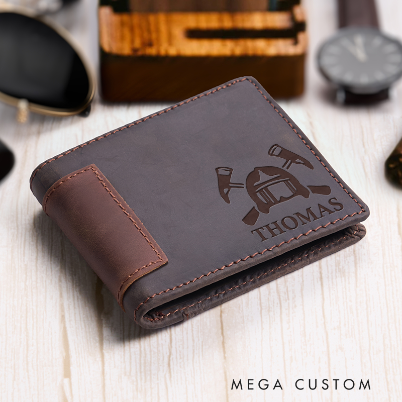 Personalized Leather Wallet For Firefighter Engraved Crazy Horse Wallet Mens Wallet Groomsmen Wallet Boyfriend Gift Dad Gift Husband Gift