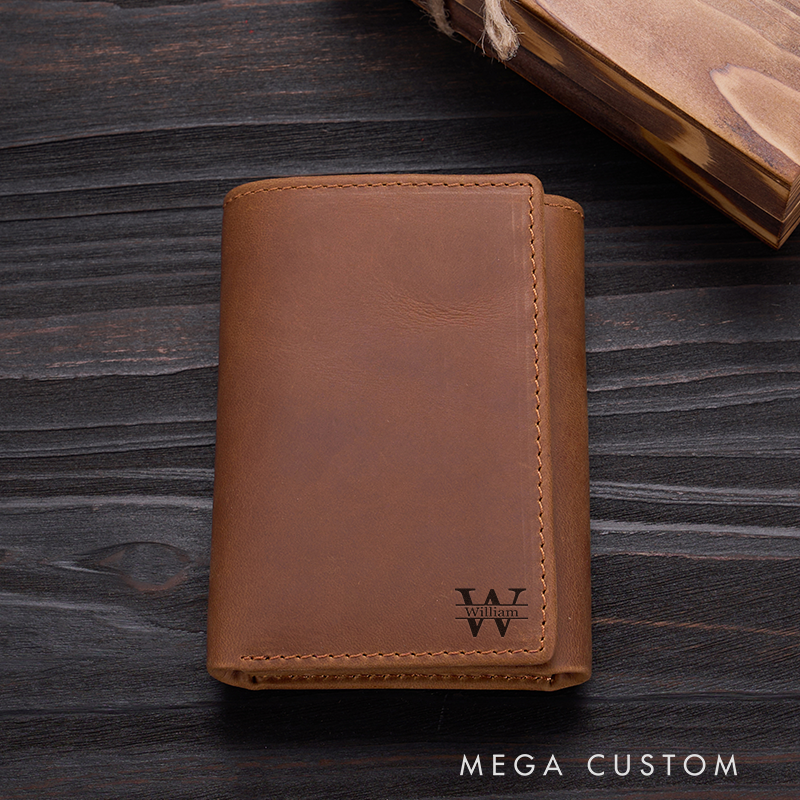 Personalized Genuine Leather Wallet Mens Wallet Engraved Wallets with Name Trifold Wallet Leather Gift For Him Gift for Husband Boyfriend Father
