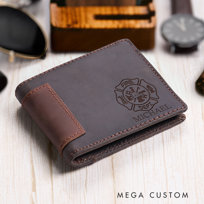 Personalized Leather Wallet For Firefighter Engraved Crazy Horse Wallet Mens Wallet Groomsmen Wallet Boyfriend Gift Dad Gift Husband Gift