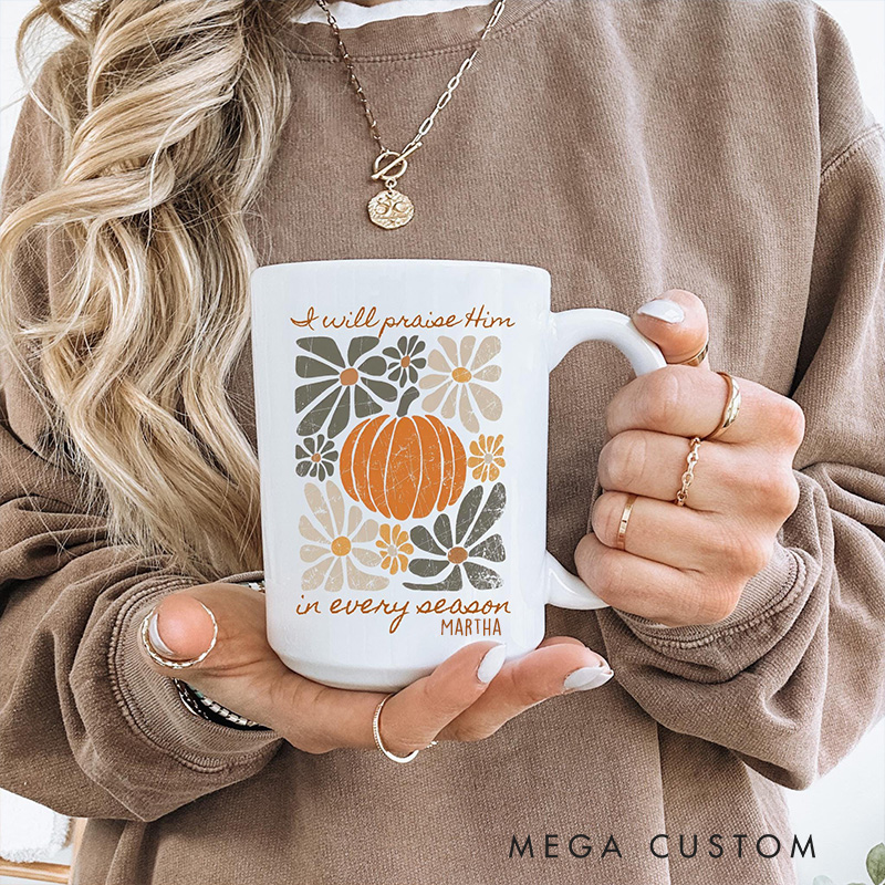 Personalized Boho Fall Mug Pumpkin Psalm Bible Verse Ceramic Mug with Name Floral Thanksgiving Coffee Cup Fall Host Gift Christian Thanksgiving Gift