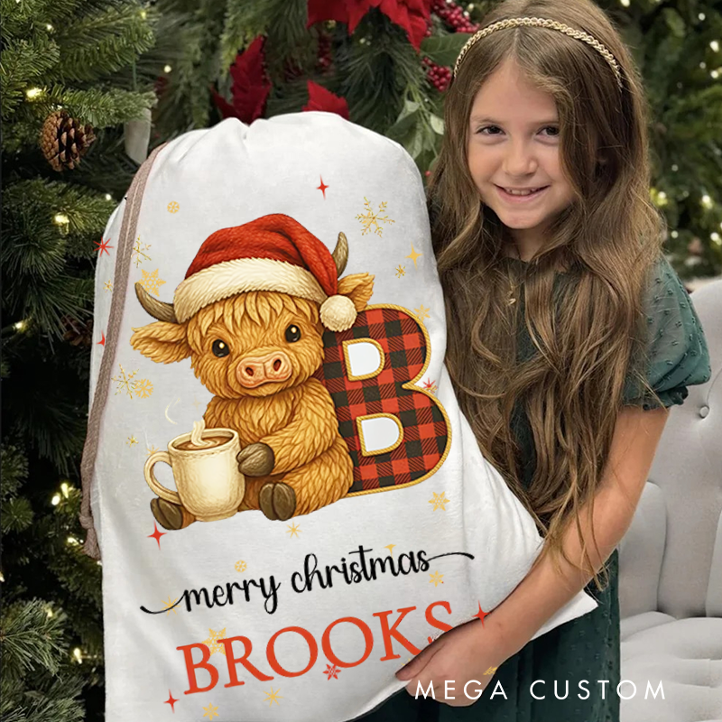 Personalized Highland Cow Santa Sack Drawstring Bag for Present Holiday Gifts BagChristmas Present Gift Bag for Him Her Kids Adults