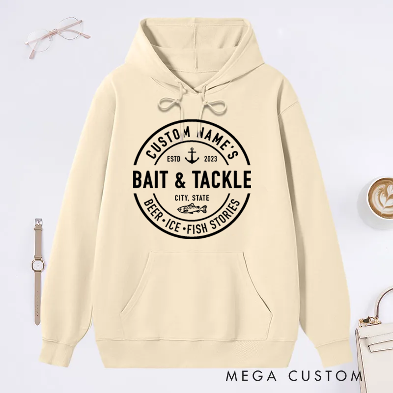 Personalized  Bait and Tackle Fishing Hoodie Boat Fishing Hoodie Custom Name Time and Place Design Perfect Gift for Fishing Enthusiasts
