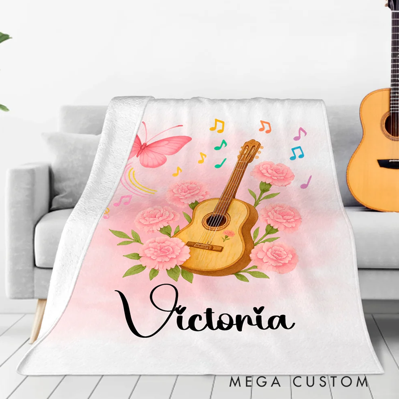 Personalized Guitar Birth Flower Butterfly Soft Throw Blanket with Name Room Decor Birthday Anniversary Gift for Guitar Enthusiasts