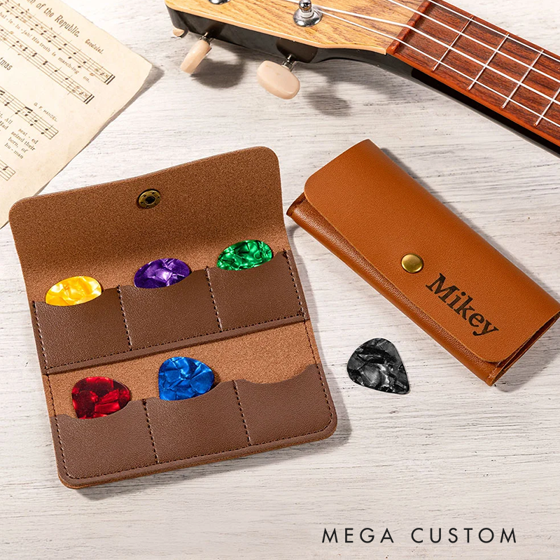 Personalized Concealed Button PU Leather Guitar Pick Holder with Name and 6 Slots Guitar Accessories Birthday Gift for Guitar Player Music Lover