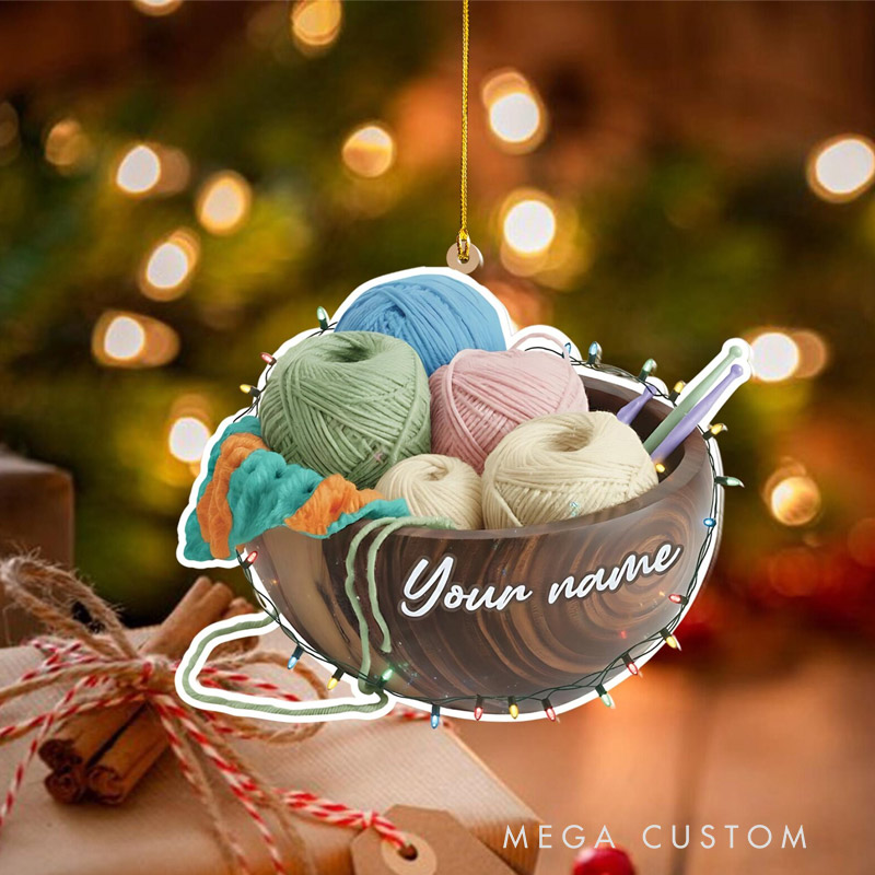 Personalized Yarn Bowl Christmas Ornament Custom Name Knitting Lover Gift Crochet Supplies Decor Unique Fiber Art Holiday Decoration