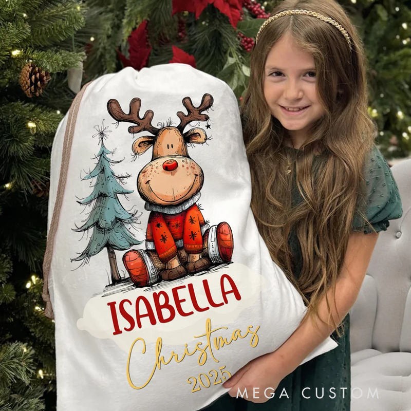 Personalized Cute Cartoon Elk Design Christmas Drawstring Gift Bag with Name Christmas Gift for Kids Family