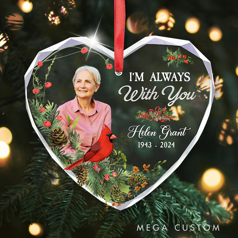 Personalized Photo Memorial Heart Glass Ornament Family Loss Ornament Memorial Christmas Ornament I'm Always With You