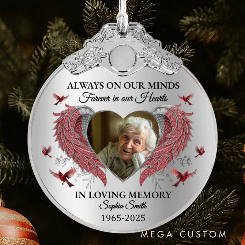 Personalized Glass Photo Ornament With Silver Cap Always On Our Minds Forever In Our Hearts Memorial Ornament for Loss of Loved Ones
