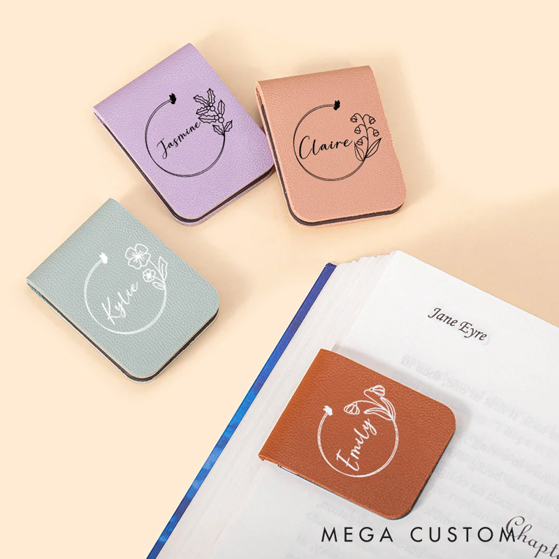 Personalized Birth Flower Magnetic Leather Bookmark Clip with Name Birthday Gift for Book Lovers Bookworms