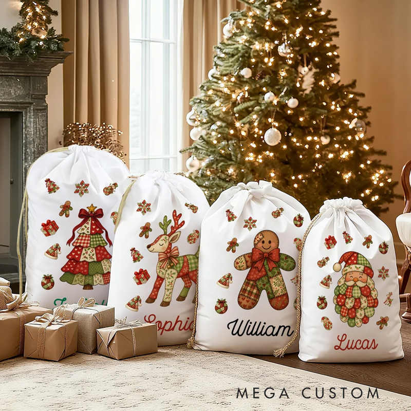 Personalized Patchwork Element Christmas Tree Santa Claus Canvas Drawstring Gift Bag with Name Christmas Gift for Family Kids