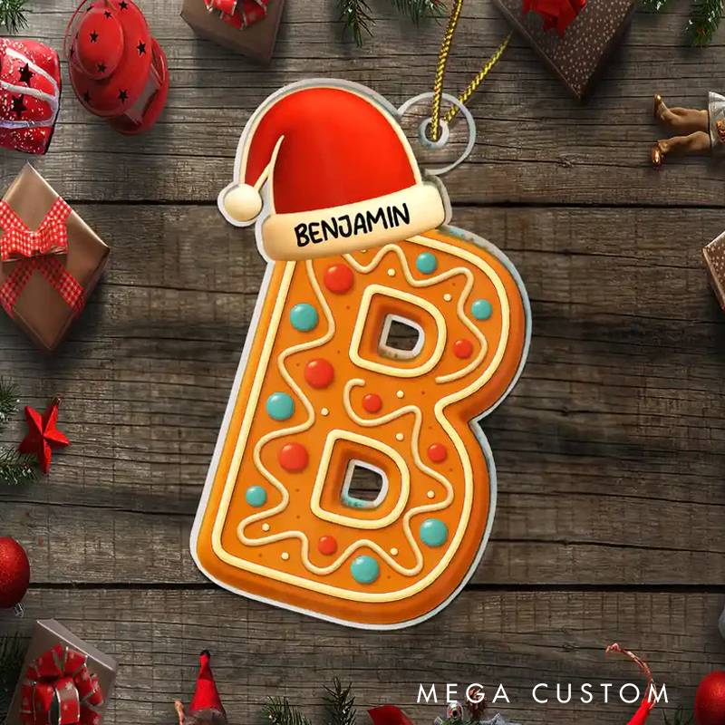 Personalized Festive Gingerbread Letters With Santa Hat Custom Shaped Acrylic Ornament