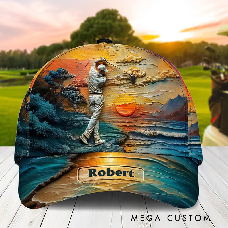 Personalized Golf Cap with 3D Sunset and Custom Name Design  