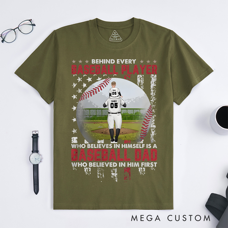 Personalized "Behind Every Baseball Player" T-Shirt with Custom Player Name and Number for Proud Dads  