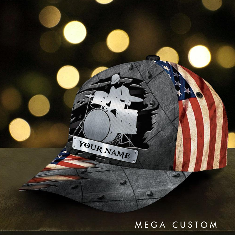 Personalized Name Drum Classic Cap 3D Print Baseball Cap for Music Lover and Drummer Lovers Custom Gift