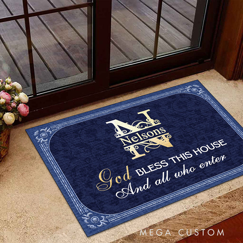 Personalized God Bless this House and All Who Enter Doormat with Family Name Non-Slip Durable Front Door Decor Religious Gift for Faithful Family