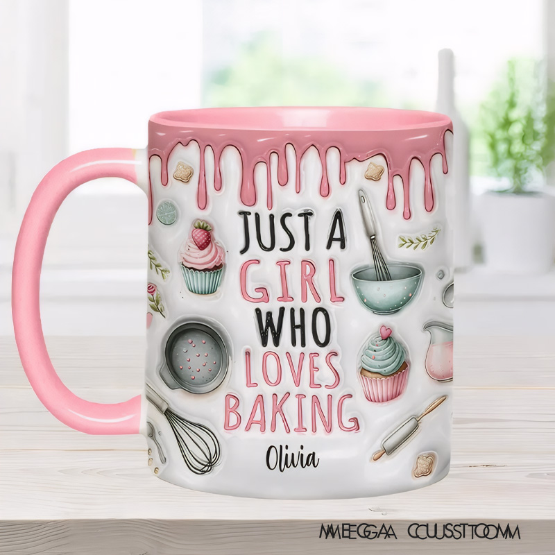 Personalized Just a Girl Who Loves Baking Mug with Name 11oz Ceramic Baking Accent Mug Coffee Cup for Baker Mom Sister Daughter Baking Lover Gift