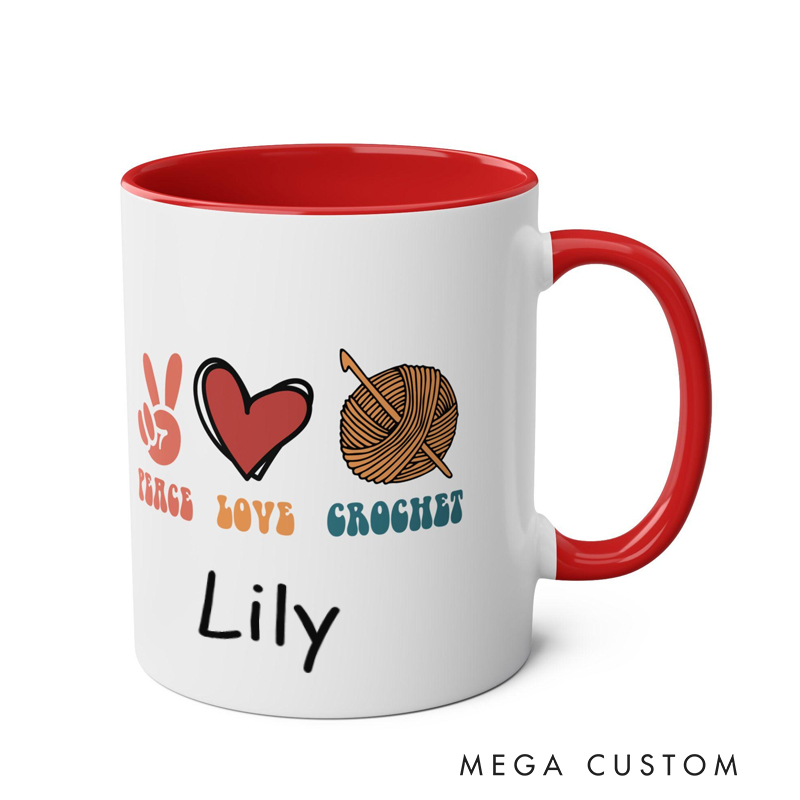 Personalized Name Peace Love Crochet Retro Mug Best Friend Novelty Mug Crocheter Birthday Gift